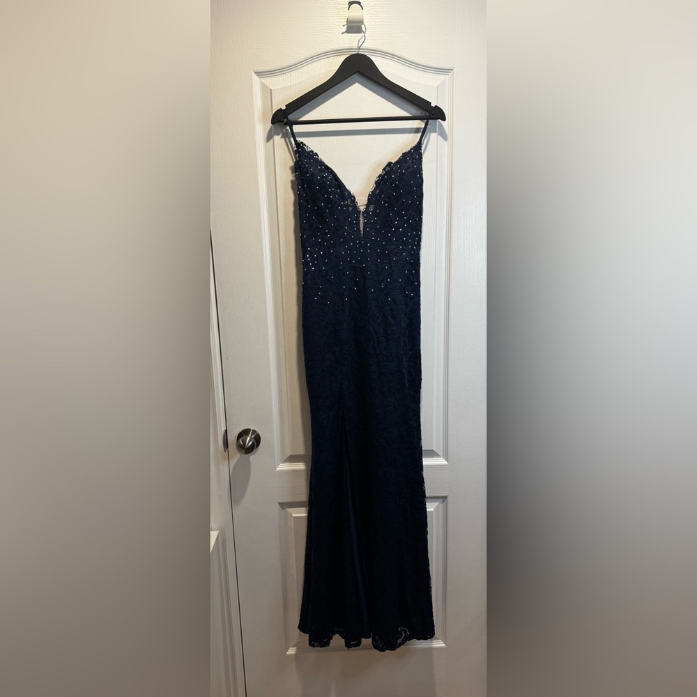 329- JJ House Navy Blue Lace Plunging V-Neck Beaded Prom Dress Gown
